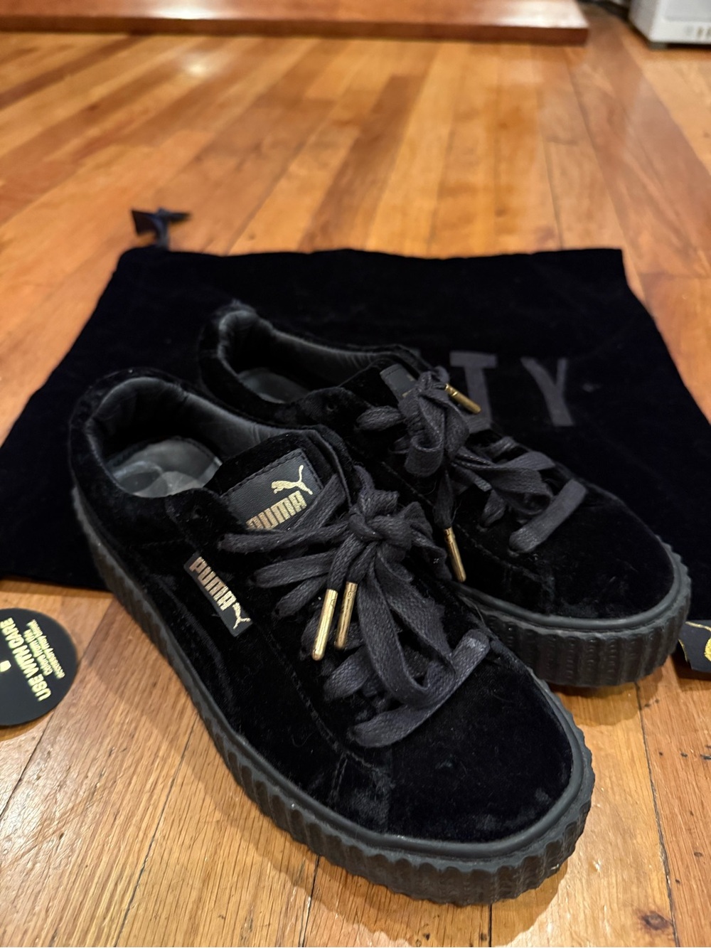Puma Black Velvet creepers Platform Sneakers with Gold Hardware